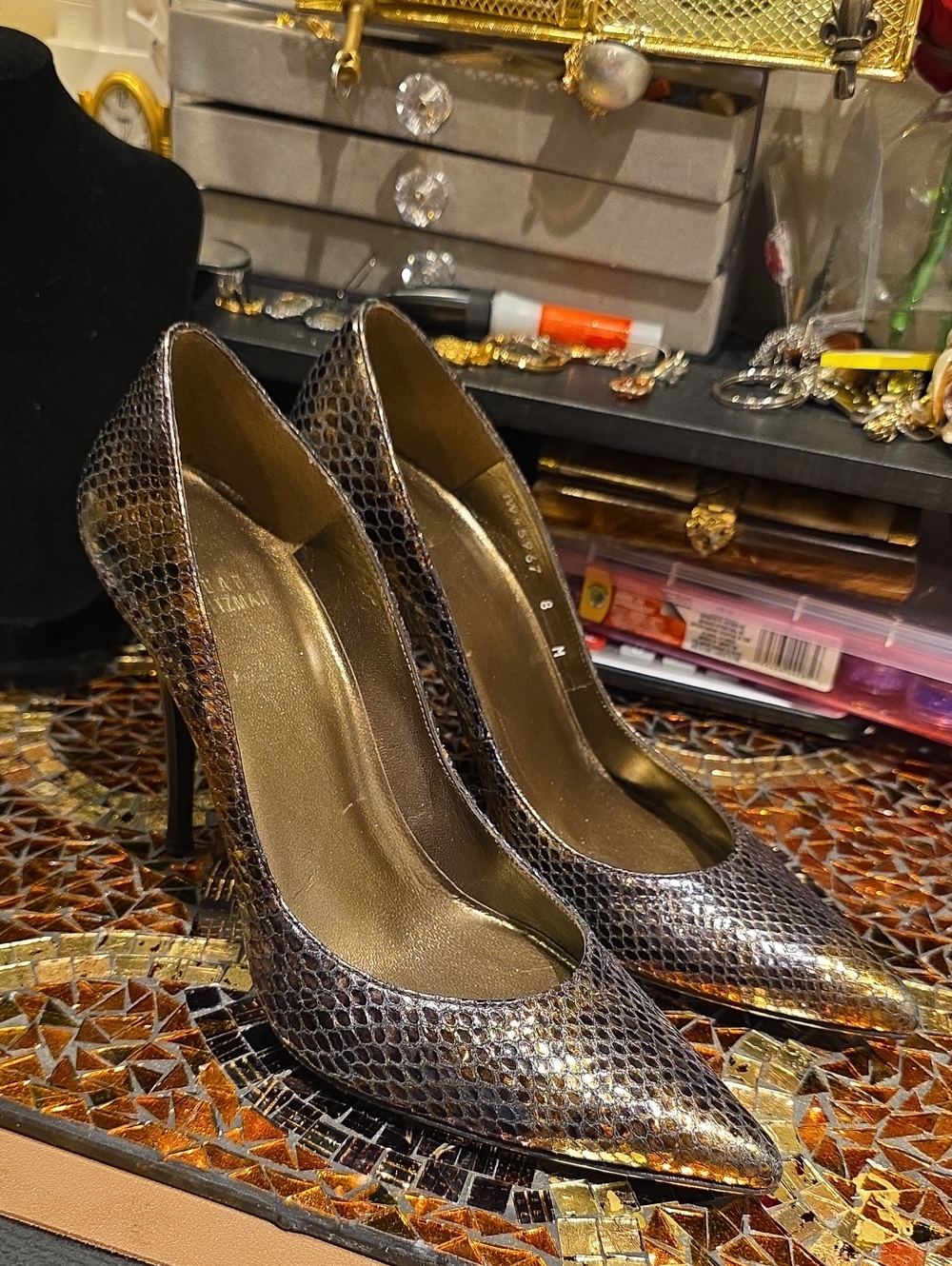 Stuart Weitzman Metallic Bronze Snakeskin Pointed-Toe Stilettos